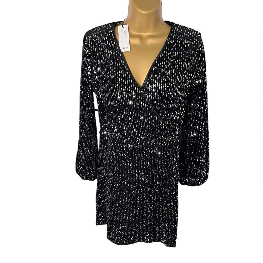 The Get Sequin Wrap Mini Dress Party Holiday Black XS